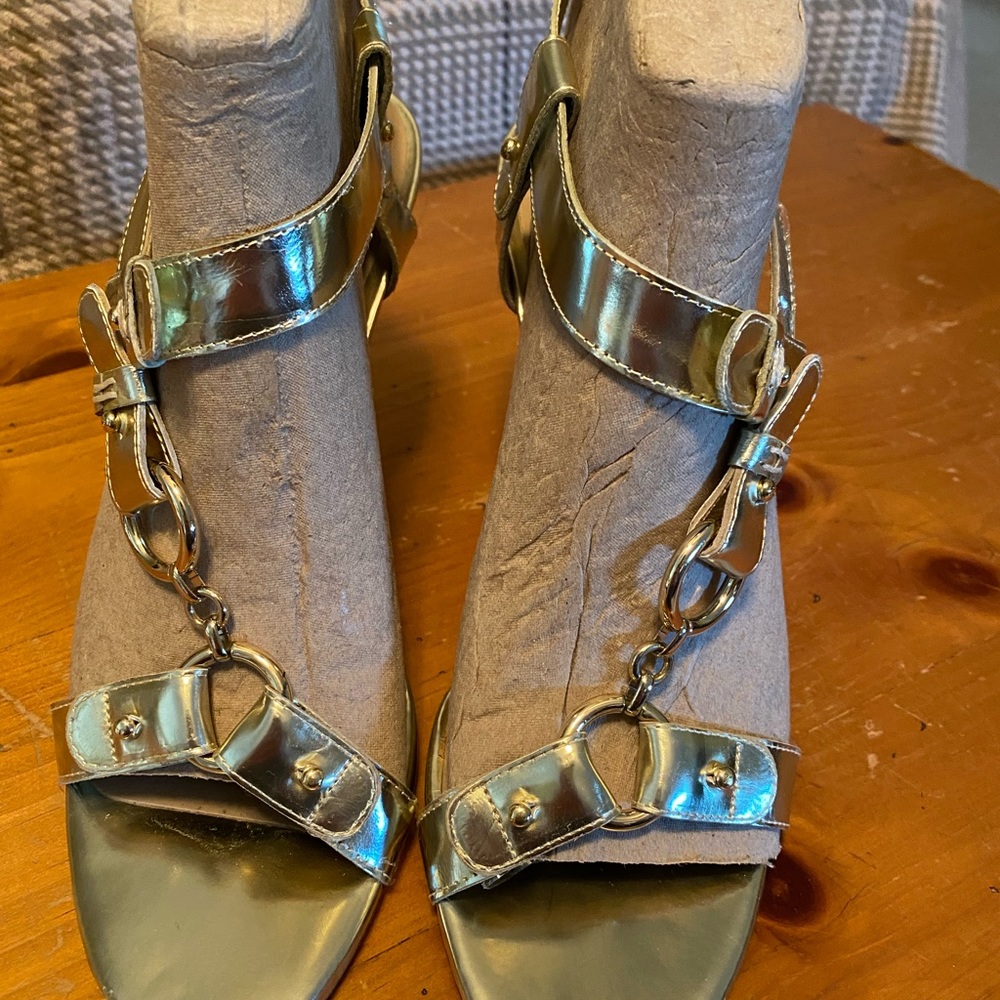 Paris Hilton gold sandals wedge heel